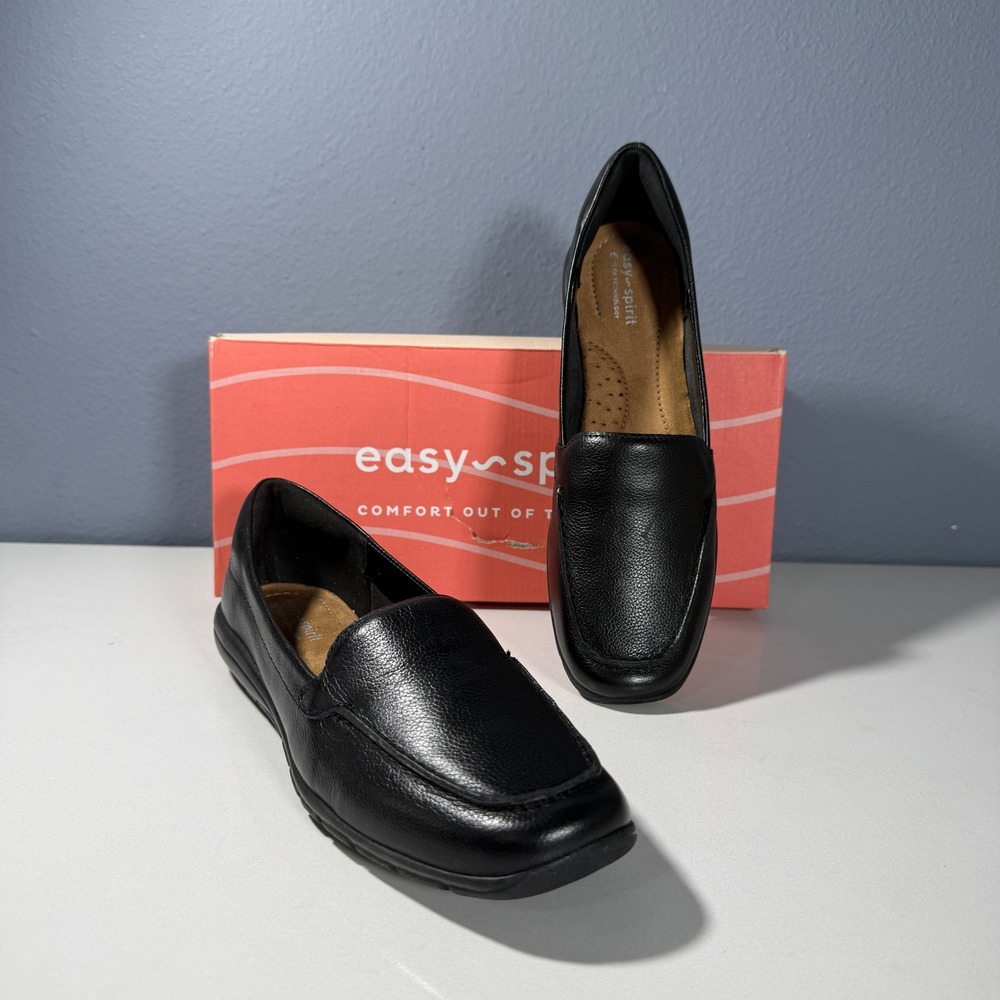 Easy Spirit Abide Black Leather Loafers Womens 8.5 N Narrow Slip On ABIDE8 Shoes